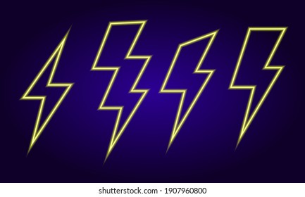 Abstract set with a set of neon lighting on a dark background. Vector illustration of an abstract electric lightning bolt in yellow . Minimal design. Illustration of nature. Futuristic neon background