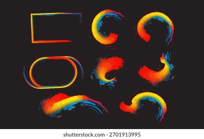 Abstractas conjunto de Formas y marcos de pinceladas con tonos rojos, amarillos y azules sobre un fondo negro. perfecto para carteles, arte digital, fondos creativos y proyectos de diseño moderno