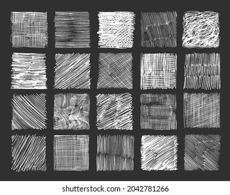 Abstract set with pencil strokes on a black background. Hand drawing sketch frame.