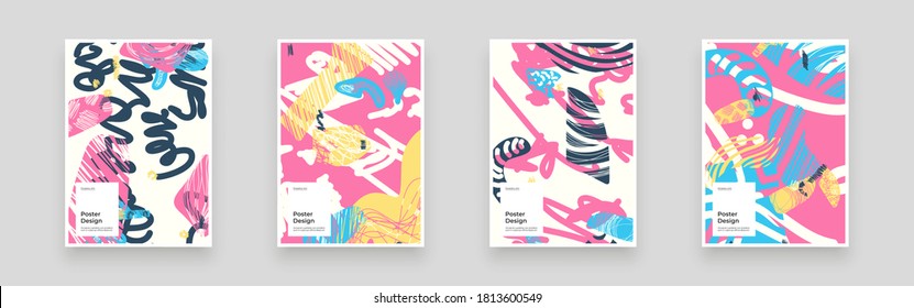 Conjunto abstracto de carteles, afiches, volantes, diseños de pancartas. Ilustración colorida. Líneas, puntos, formas y garabatos. Marco caótico decorativo. Textura dibujada a mano, formas de decoración.