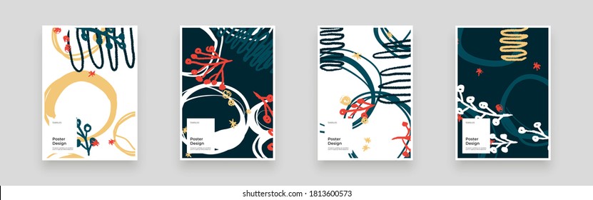 Abstrakte Plakate, Plakate, Flyer, Bannerdesigns. Farbige Illustration. Linien, Flecken, Formen und Kritschen. Dekorativer chaotischer Hintergrund. Handgezeichnete Textur, Dekoration.