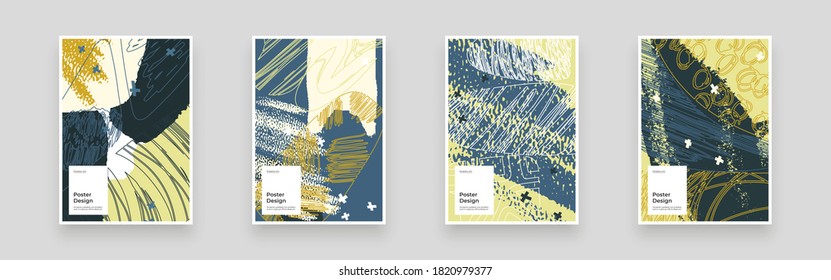 Conjunto abstracto de carteles, afiches, volantes, diseños de pancartas. Ilustración colorida. Líneas, puntos, formas y garabatos. Marco caótico decorativo. Textura dibujada a mano, formas de decoración.