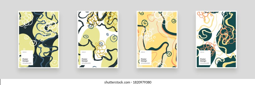 Abstract set Placards, Posters, Flyers, Banner Designs. Colorful illustration. Lines, spots, shapes and scribbles. Decorative chaotic backdrop. Hand drawn texture, decor shapes.