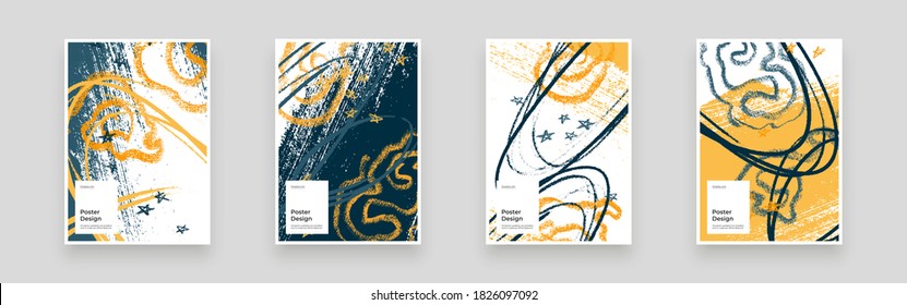 Conjunto abstracto de carteles, afiches, volantes, diseños de pancartas. Ilustración colorida. Líneas, puntos, formas y garabatos. Marco caótico decorativo. Textura dibujada a mano, formas de decoración.