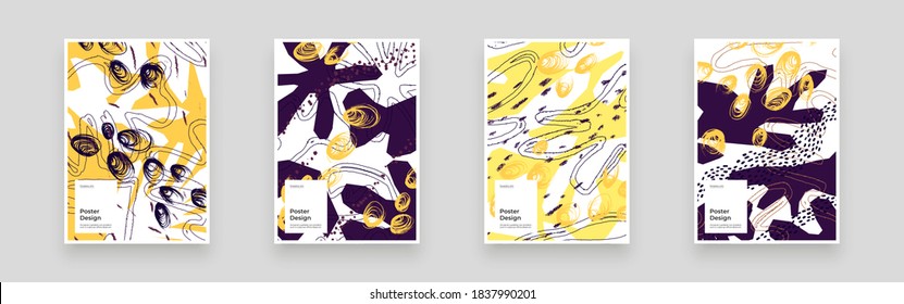 Conjunto abstracto de carteles, afiches, volantes, diseños de pancartas. Ilustración colorida. Líneas, puntos, formas y garabatos. Marco caótico decorativo. Textura dibujada a mano, formas de decoración.