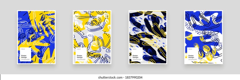 Abstract set Placards, Posters, Flyers, Banner Designs. Colorful illustration. Lines, spots, shapes and scribbles. Decorative chaotic backdrop. Hand drawn texture, decor shapes.