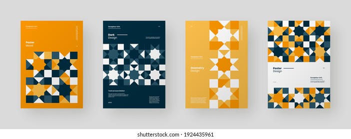 Abstract set Placards, Posters, Flyers, Banner Designs. Colorful illustration. Flat geometric shapes. Decorative chaotic backdrop.