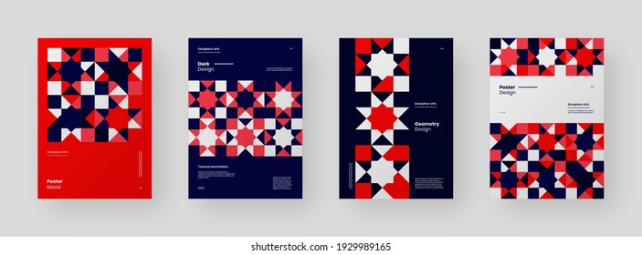 Abstract set Placards, Posters, Flyers, Banner Designs. Colorful illustration on vertical A4 format. Flat and 3d geometric shapes. Decorative ornament backdrop.