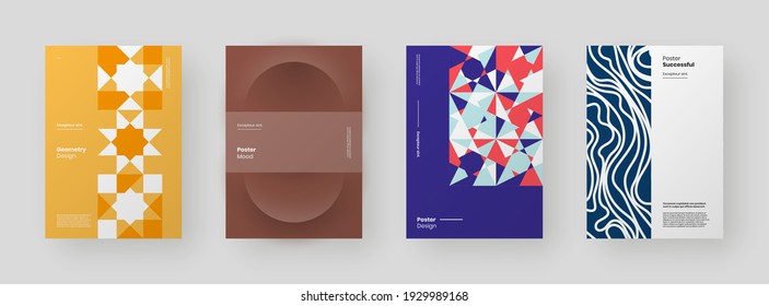 Abstract set Placards, Posters, Flyers, Banner Designs. Colorful illustration on vertical A4 format. Flat and 3d geometric shapes. Decorative ornament backdrop.