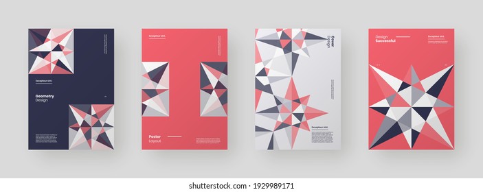 Abstrakte Plakate, Plakate, Flyer, Bannerdesigns. Farbige Illustration im vertikalen A4-Format. Flache und 3D geometrische Formen. Dekorative Ornament-Hintergrund.
