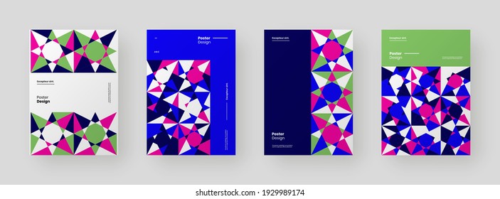 Abstract set Placards, Posters, Flyers, Banner Designs. Colorful illustration on vertical A4 format. Flat and 3d geometric shapes. Decorative ornament backdrop.