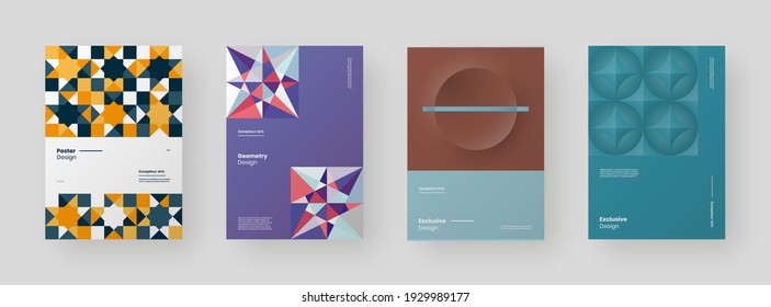 Abstract set Placards, Posters, Flyers, Banner Designs. Colorful illustration on vertical A4 format. Flat and 3d geometric shapes. Decorative ornament backdrop.