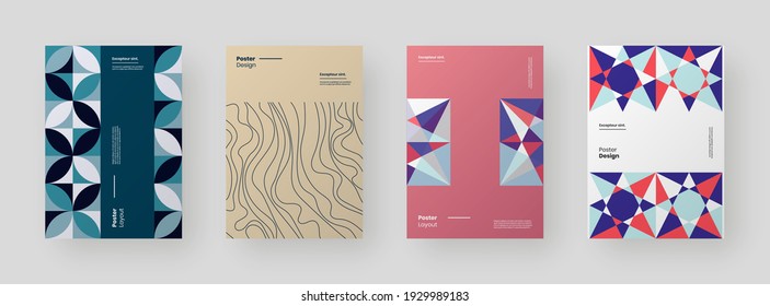 Abstrakte Plakate, Plakate, Flyer, Bannerdesigns. Farbige Illustration im vertikalen A4-Format. Flache und 3D geometrische Formen. Dekorative Ornament-Hintergrund.