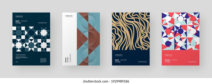 Conjunto abstracto de carteles, afiches, volantes, diseños de pancartas. Ilustración colorida sobre el formato vertical A4. Formas geométricas planas y 3d. Marco decorativo adorno.