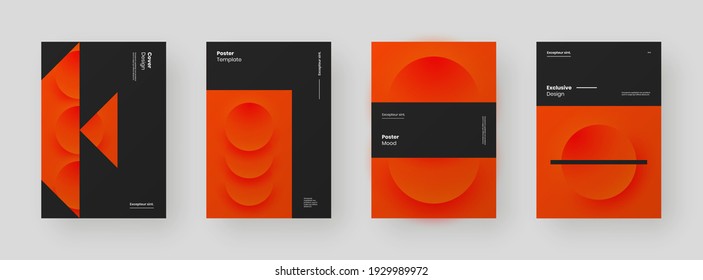 Abstract set Placards, Posters, Flyers, Banner Designs. Colorful illustration on vertical A4 format. 3d geometric shapes. Decorative meumorphism backdrop.