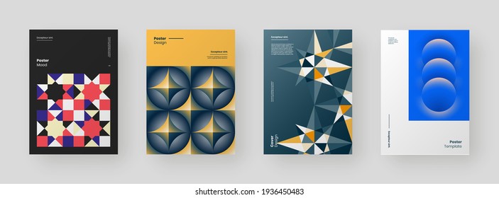 Abstract set Placards, Posters, Flyers, Banner Designs. Colorful illustration on vertical A4 format. Flat and 3d geometric shapes. Decorative ornament backdrop.