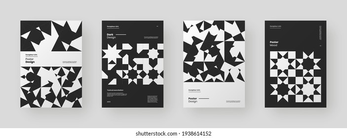 Abstract set Placards, Posters, Flyers, Banner Designs. Black and white illustration on vertical A4 format. Flat and 3d geometric shapes. Decorative ornament backdrop.