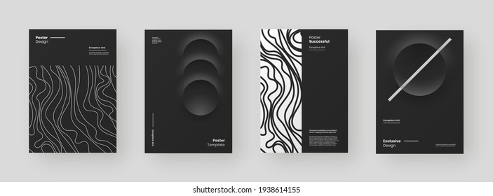 Abstract set Placards, Posters, Flyers, Banner Designs. Black and white illustration on vertical A4 format. 3d geometric shapes and wavy lines. Decorative neumorphism backdrop. - Shutterstock ID 1938614155