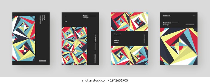 Abstract set Placards, Posters, Flyers, Banner Designs. Colorful illustration on vertical A4 format. Flat geometric shapes. Decorative ornament backdrop.