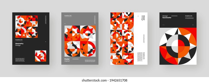 Conjunto abstracto de carteles, afiches, volantes, diseños de pancartas. Ilustración colorida sobre el formato vertical A4. Formas geométricas planas. Marco decorativo adorno.