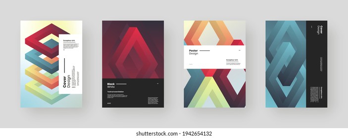 Abstrakte Plakate, Plakate, Flyer, Bannerdesigns. Farbige Illustration im vertikalen A4-Format. 3D geometrische Form. Unmögliches Objekt. Dekorative Gestaltung der Formen.