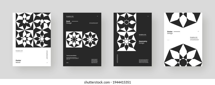 Conjunto abstracto de carteles, afiches, volantes, diseños de pancartas. Ilustración en blanco y negro en formato vertical A4. Formas geométricas planas. Marco decorativo adorno.
