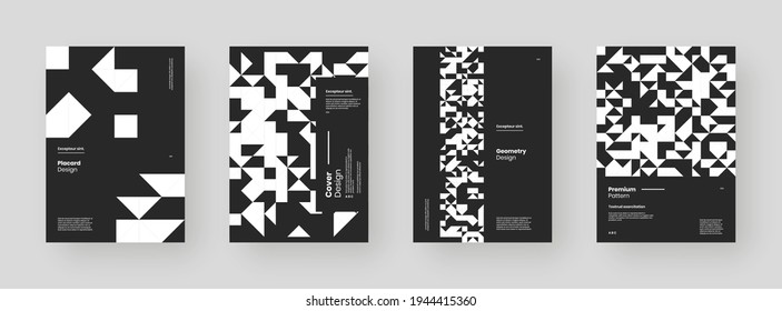 Abstract set Placards, Posters, Flyers, Banner Designs. Black and white illustration on vertical A4 format. Flat geometric shapes. Decorative ornament backdrop.