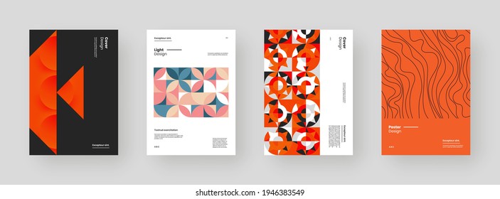 Abstract set Placards, Posters, Flyers, Banner Designs. Colorful geometric illustration on vertical A4 format. Flat shapes ornament. Decorative backdrop. Eps10