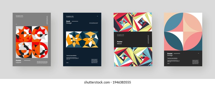 Abstract set Placards, Posters, Flyers, Banner Designs. Colorful geometric illustration on vertical A4 format. Flat shapes ornament. Decorative backdrop. Eps10