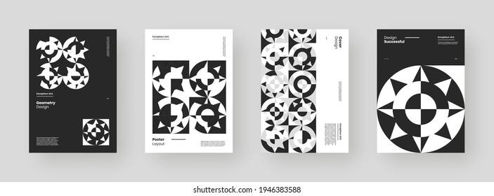 Abstract set Placards, Posters, Flyers, Banner Designs. Black and white illustration on vertical A4 format. Flat geometric shapes. Decorative ornament backdrop.