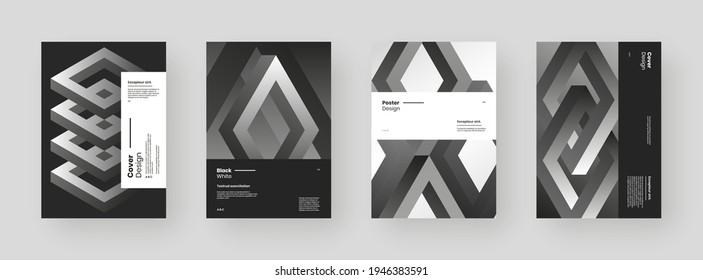 Conjunto abstracto de carteles, afiches, volantes, diseños de pancartas. Ilustración en blanco y negro en formato vertical A4. Formas geométricas planas. Marco decorativo adorno.