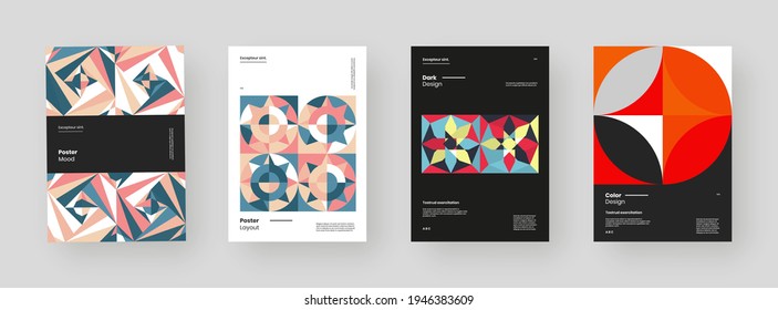 Abstract set Placards, Posters, Flyers, Banner Designs. Colorful geometric illustration on vertical A4 format. Flat shapes ornament. Decorative backdrop. Eps10