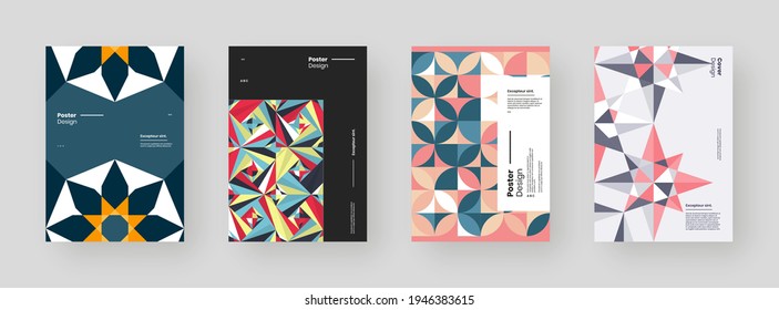 Abstract set Placards, Posters, Flyers, Banner Designs. Colorful geometric illustration on vertical A4 format. Flat shapes ornament. Decorative backdrop. Eps10