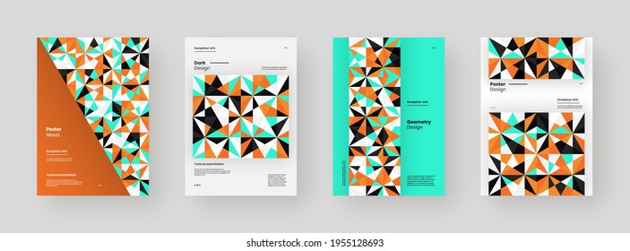 Abstract set Placards, Posters, Flyers, Banner Designs. Colorful geometric illustration on vertical A4 format. Flat shapes ornament. Decorative backdrop. Eps10