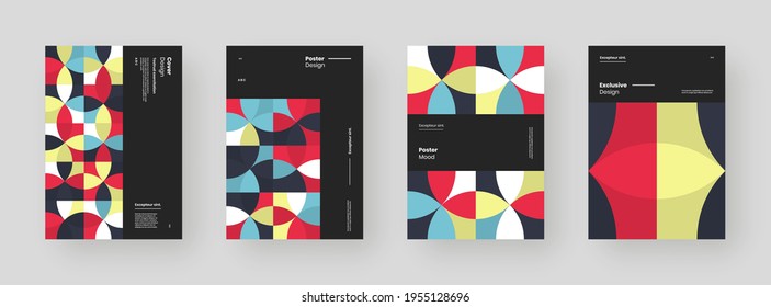 Abstract set Placards, Posters, Flyers, Banner Designs. Colorful geometric illustration on vertical A4 format. Flat shapes ornament. Decorative backdrop. Eps10