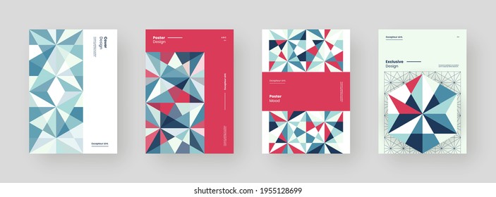 Conjunto abstracto de carteles, afiches, volantes, diseños de pancartas. Ilustración geométrica colorida en formato vertical A4. Ornamento de formas planas. Fondo decorativo. Eps10