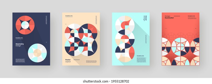 Abstract set Placards, Posters, Flyers, Banner Designs. Colorful geometric illustration on vertical A4 format. Flat shapes ornament. Decorative backdrop. Eps10