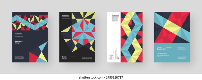 Abstract set Placards, Posters, Flyers, Banner Designs. Colorful geometric illustration on vertical A4 format. Flat shapes ornament. Decorative backdrop. Eps10