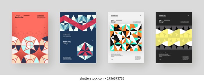 Abstract set Placards, Posters, Flyers, Banner Designs. Colorful geometric illustration on vertical A4 format. Flat shapes ornament. Decorative backdrop. Eps10