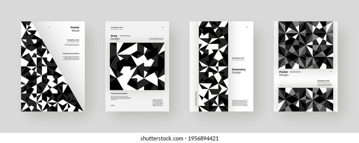 Abstract set Placards, Posters, Flyers, Banner Designs. Black and white illustration on vertical A4 format. Flat geometric shapes. Decorative ornament backdrop.