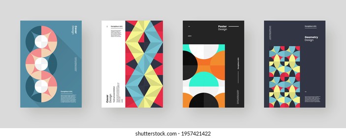 Abstract set Placards, Posters, Flyers, Banner Designs. Colorful geometric illustration on vertical A4 format. Flat shapes ornament. Decorative backdrop. Eps10