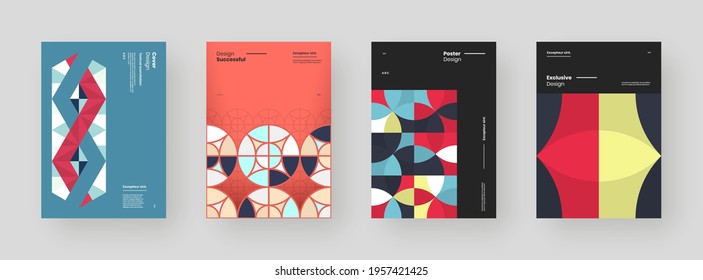 Abstract set Placards, Posters, Flyers, Banner Designs. Colorful geometric illustration on vertical A4 format. Flat shapes ornament. Decorative backdrop. Eps10