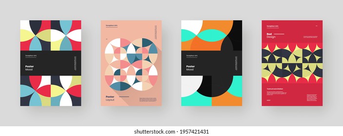 Abstract set Placards, Posters, Flyers, Banner Designs. Colorful geometric illustration on vertical A4 format. Flat shapes ornament. Decorative backdrop. Eps10