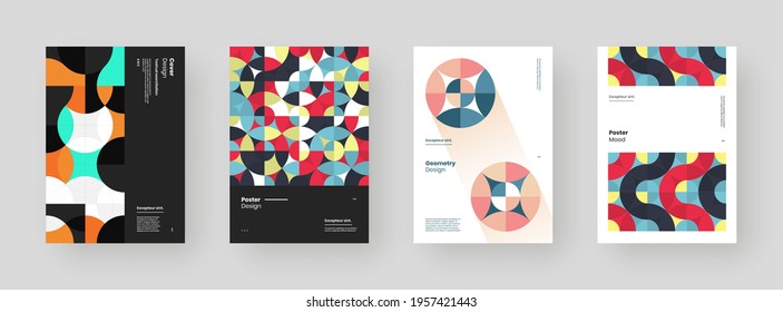 Abstract set Placards, Posters, Flyers, Banner Designs. Colorful geometric illustration on vertical A4 format. Flat shapes ornament. Decorative backdrop. Eps10