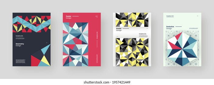 Abstract set Placards, Posters, Flyers, Banner Designs. Colorful geometric illustration on vertical A4 format. Flat shapes ornament. Decorative backdrop. Eps10
