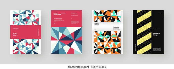 Abstract set Placards, Posters, Flyers, Banner Designs. Colorful geometric illustration on vertical A4 format. Flat shapes ornament. Decorative backdrop. Eps10