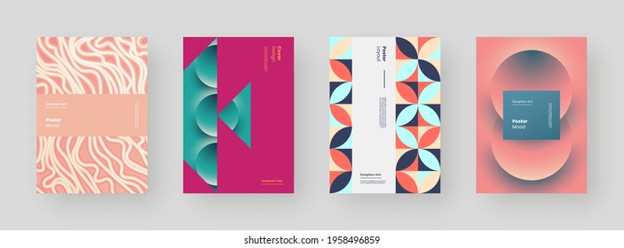 Abstract set Placards, Posters, Flyers, Banner Designs. Colorful geometric illustration on vertical A4 format. Flat shapes ornament. Decorative backdrop. Eps10