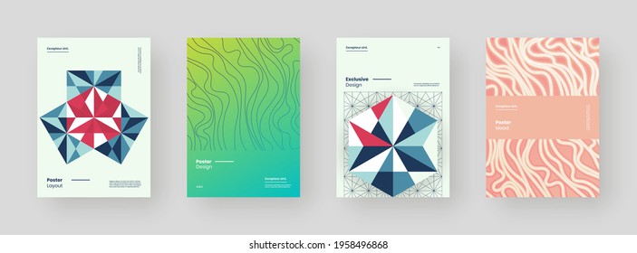 Abstract set Placards, Posters, Flyers, Banner Designs. Colorful geometric illustration on vertical A4 format. Flat shapes ornament. Decorative backdrop. Eps10