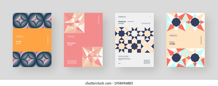 Abstract set Placards, Posters, Flyers, Banner Designs. Colorful geometric illustration on vertical A4 format. Flat shapes ornament. Decorative backdrop. Eps10