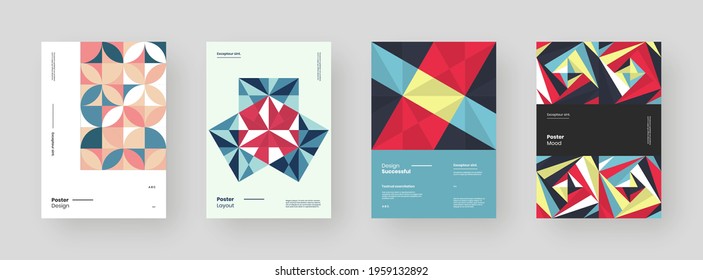 Abstract set Placards, Posters, Flyers, Banner Designs. Colorful geometric illustration on vertical A4 format. Flat shapes ornament. Decorative backdrop. Eps10